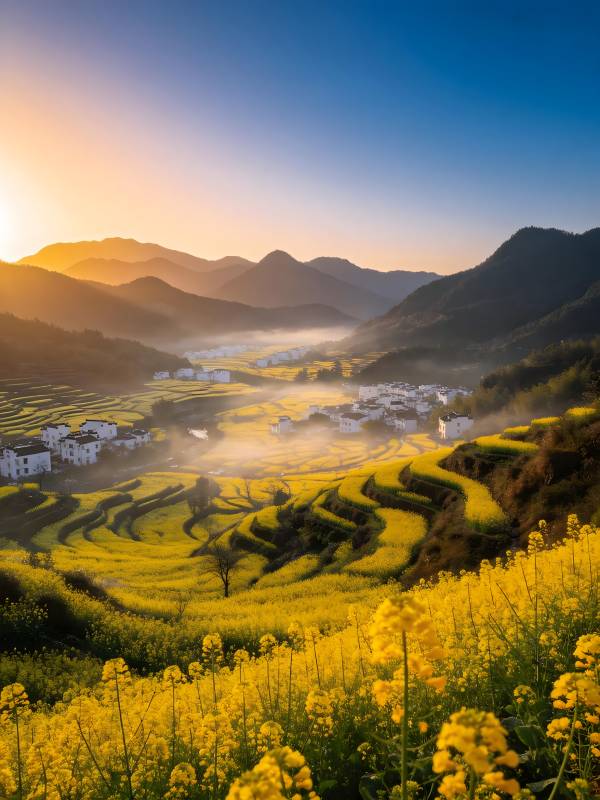 金黄梯田映晨光 山村如画图片
