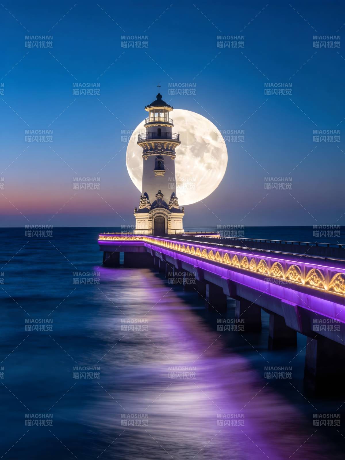月照灯塔 紫桥入海夜图片
