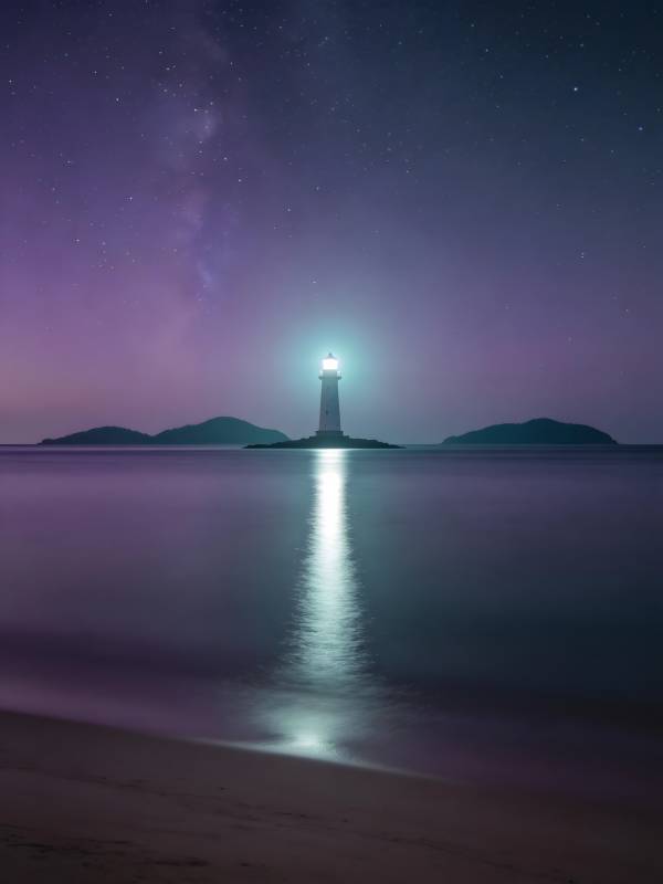 星空灯塔 静守海天夜图片