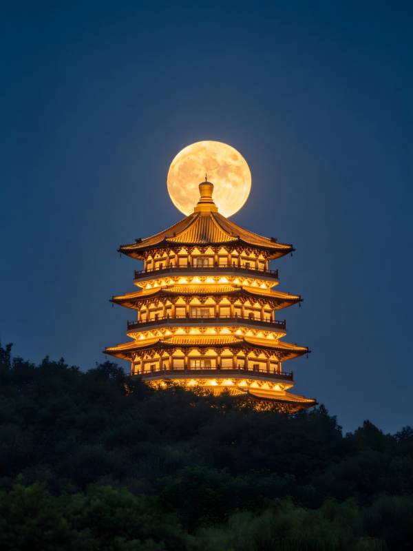 月照古塔 夜色如诗图片