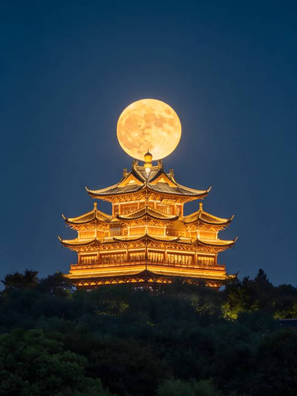 月照古塔 金辉映夜图片