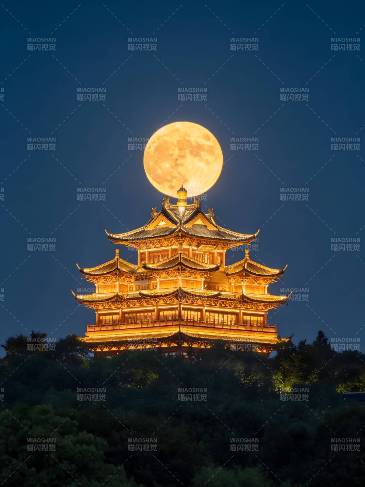 月照古塔 金辉映夜图片