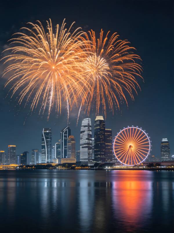 烟花耀夜空 城影映水光图片