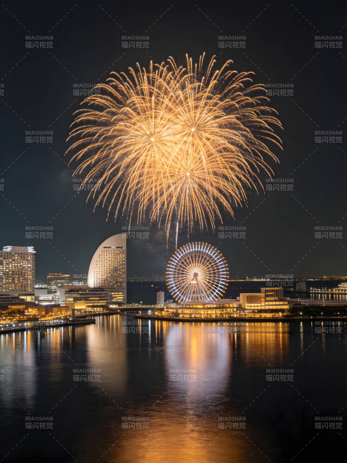 烟花绽放夜 摩天轮映水光图片