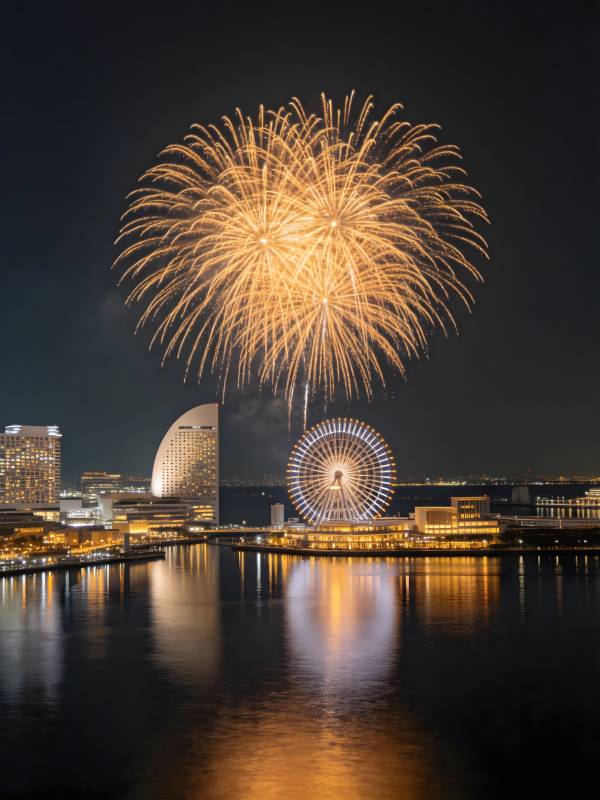烟花绽放夜 摩天轮映水光图片