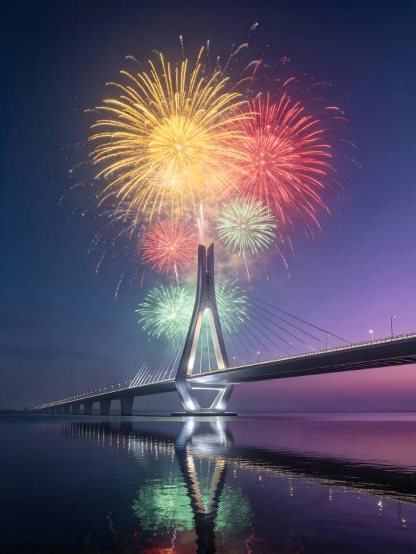 烟花映桥 夜空璀璨如诗图片