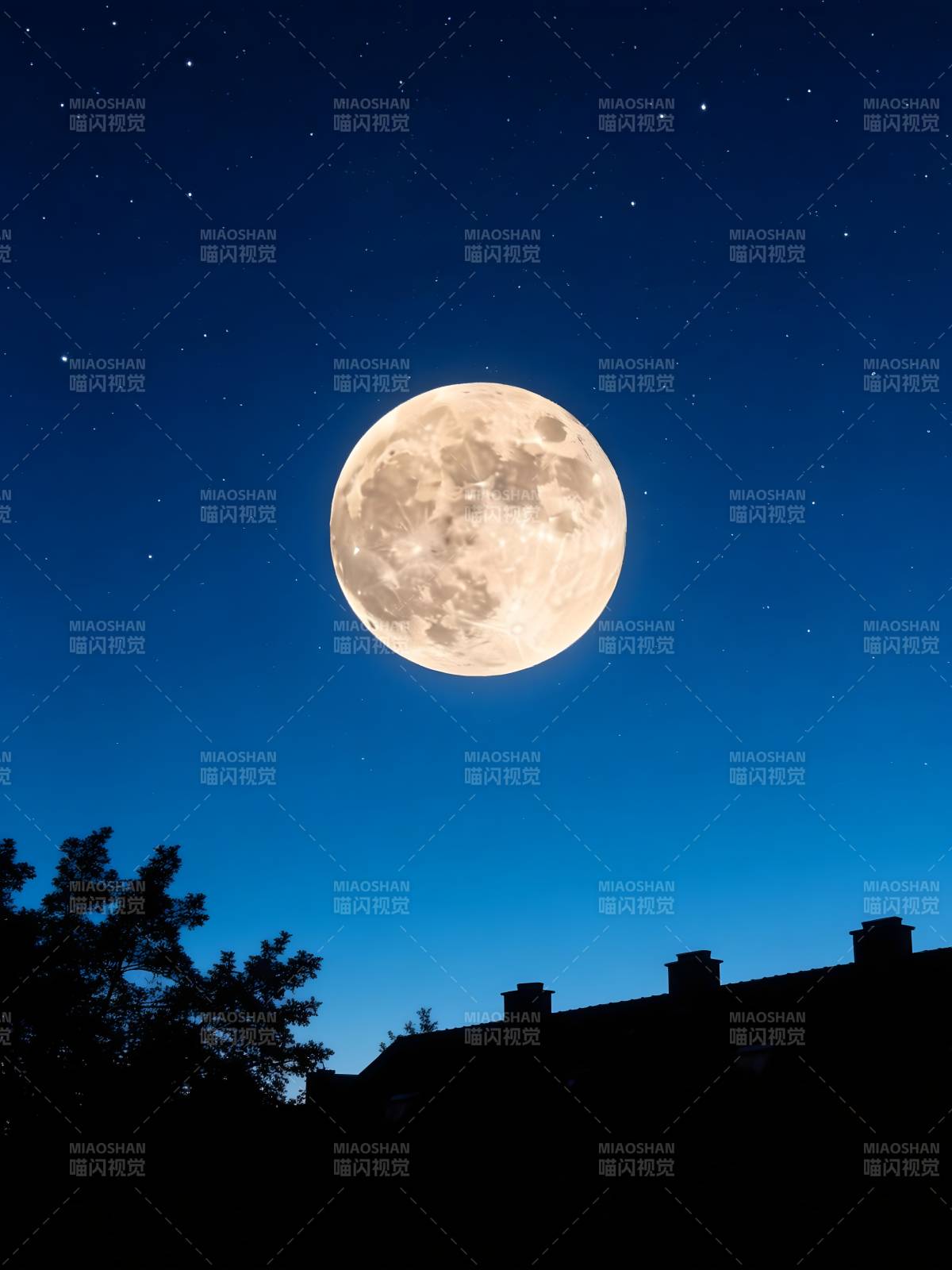 月满星夜 静照屋脊树影图片