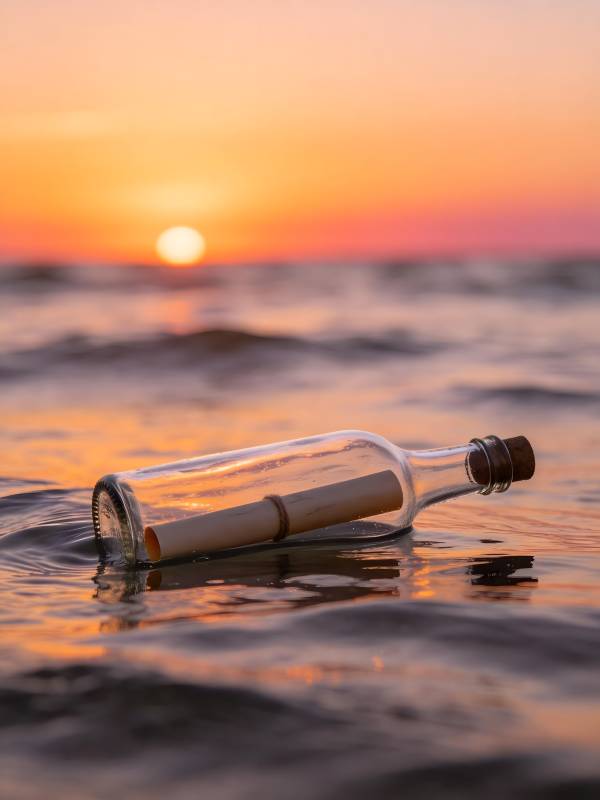 夕阳下的漂流瓶图片