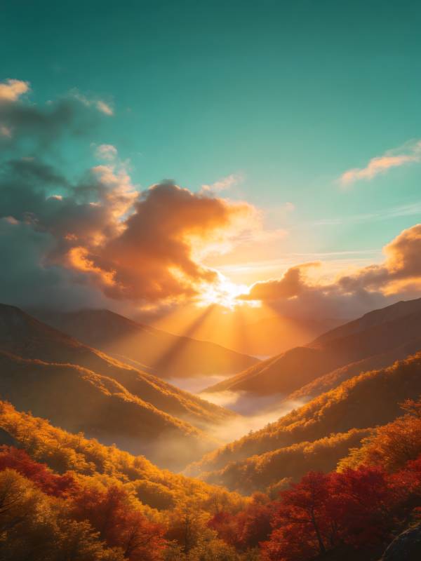 秋日山谷 金光穿云图片