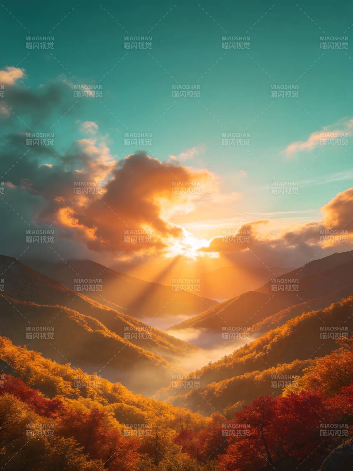 秋日山谷 金光穿云图片