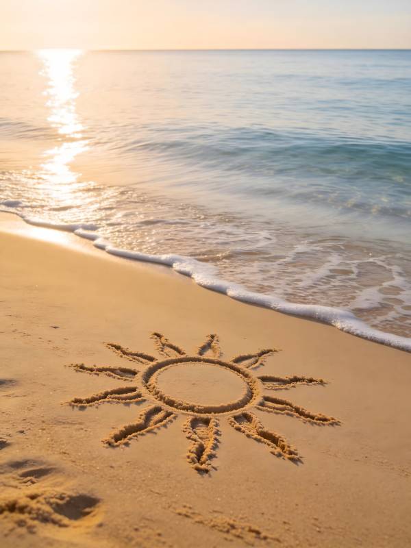 沙滩画太阳 海浪轻吻岸图片