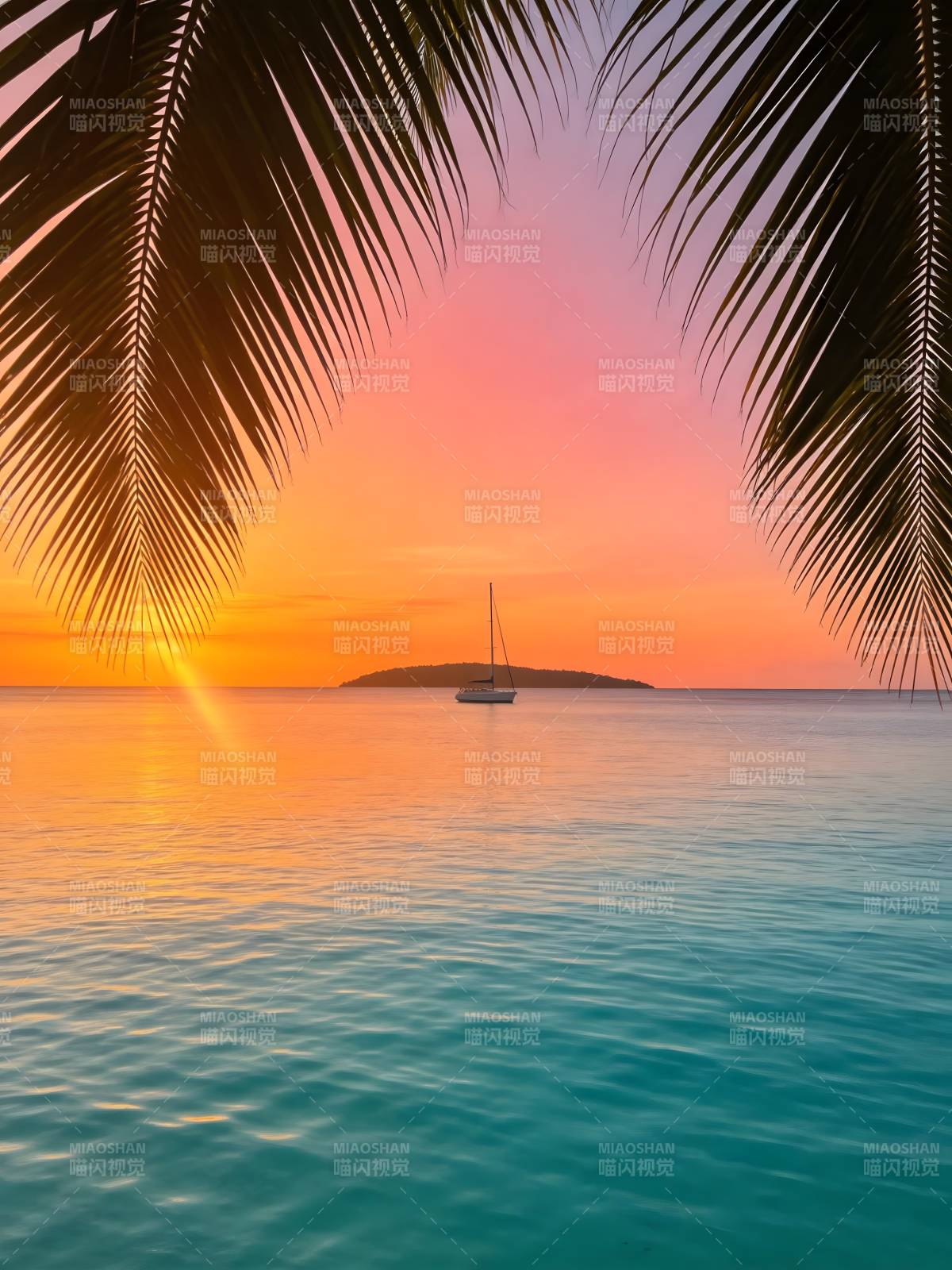 椰影夕阳 帆舟静海图片