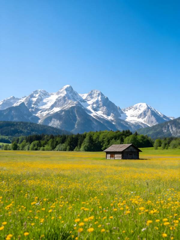 雪山花田木屋静景图片