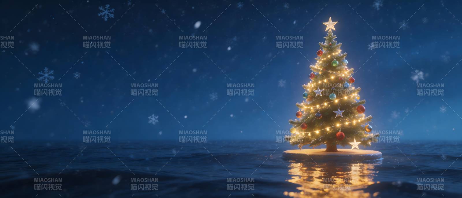 雪夜孤树 暖光映海图片