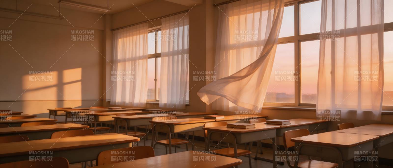 夕阳教室 窗帘轻舞图片