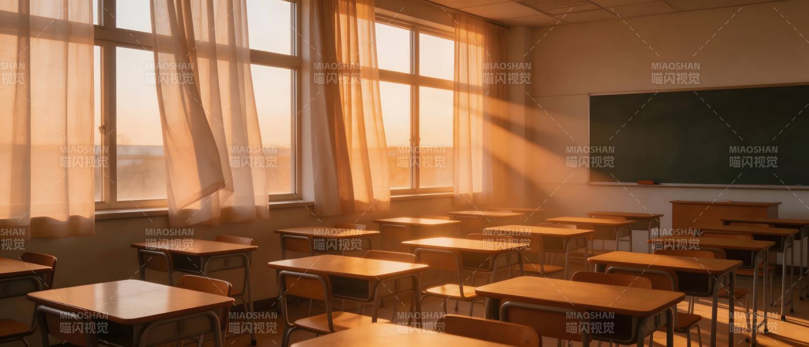 夕阳教室 空桌椅静默图片