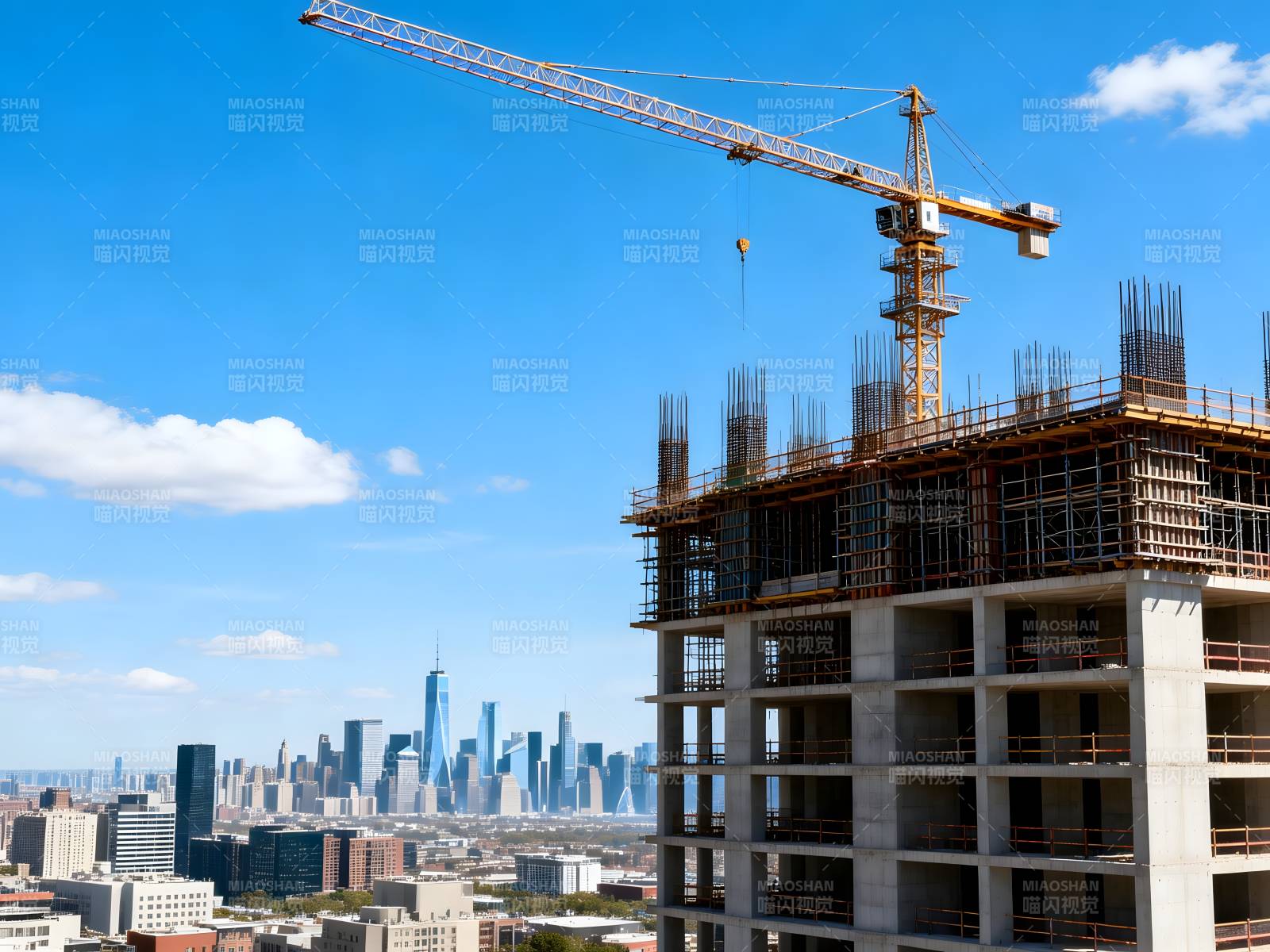 高楼建设中 塔吊林立蓝天映衬图片