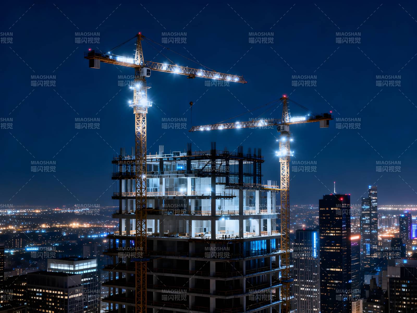 夜建高楼 塔吊亮灯忙图片