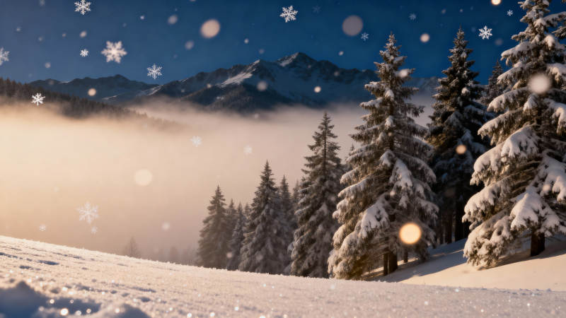 雪夜松林 山雾飘雪景图片