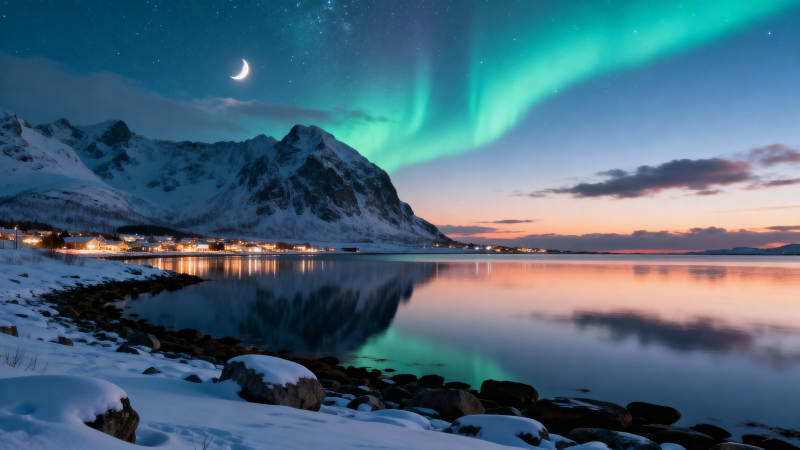 极光映雪夜 月牙伴山海图片
