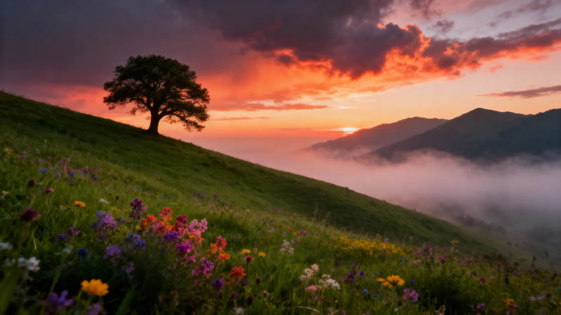 夕阳孤树 花海山雾梦图片