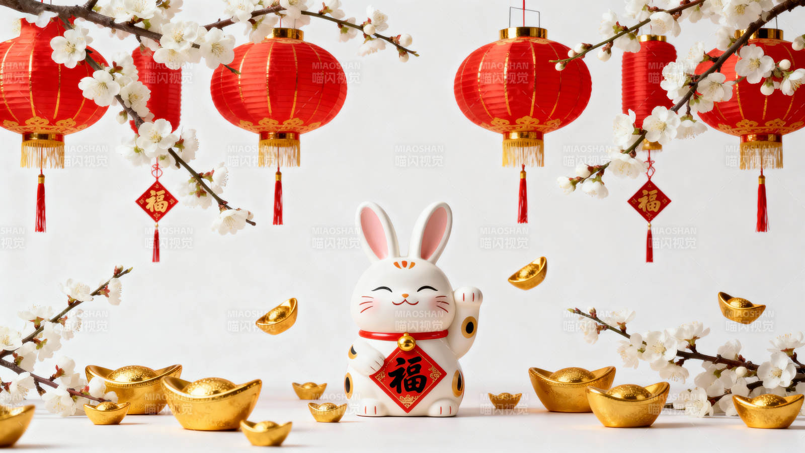 兔年迎春 福满灯笼花枝间图片