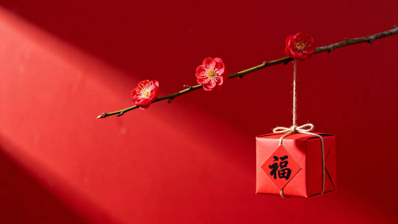 红梅挂福盒 喜庆迎新春图片
