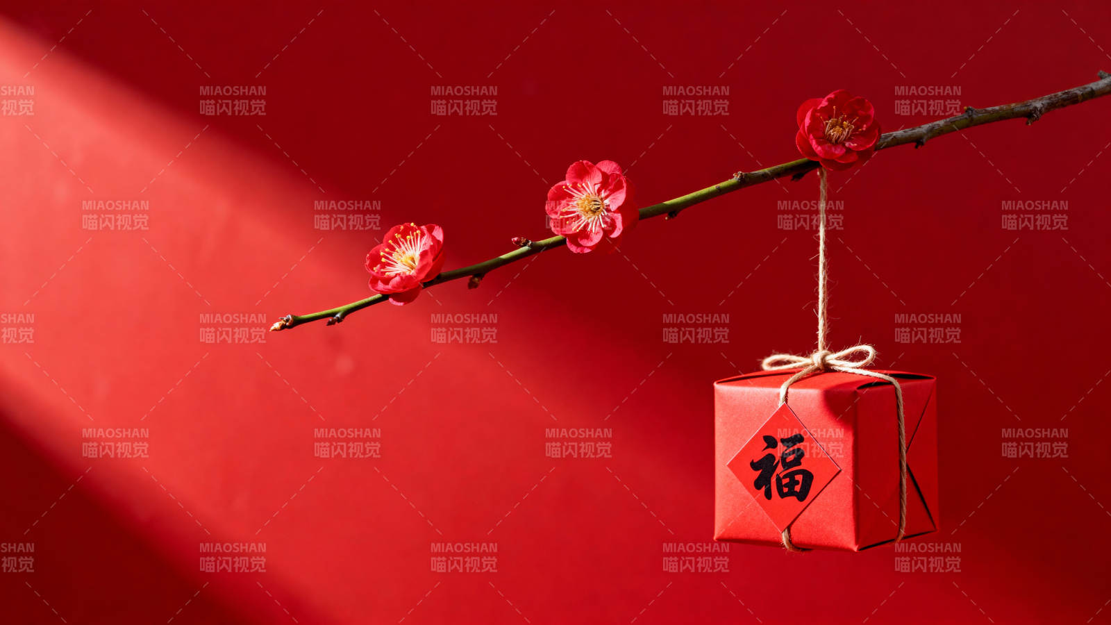 红梅挂福盒 喜庆迎新春图片