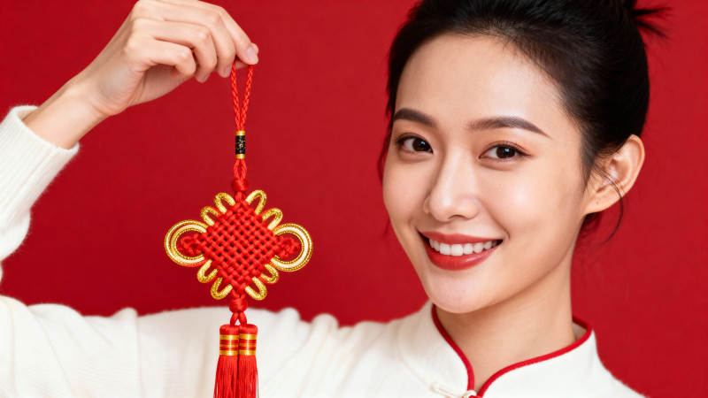 女子手持中国结 喜庆红背景图片