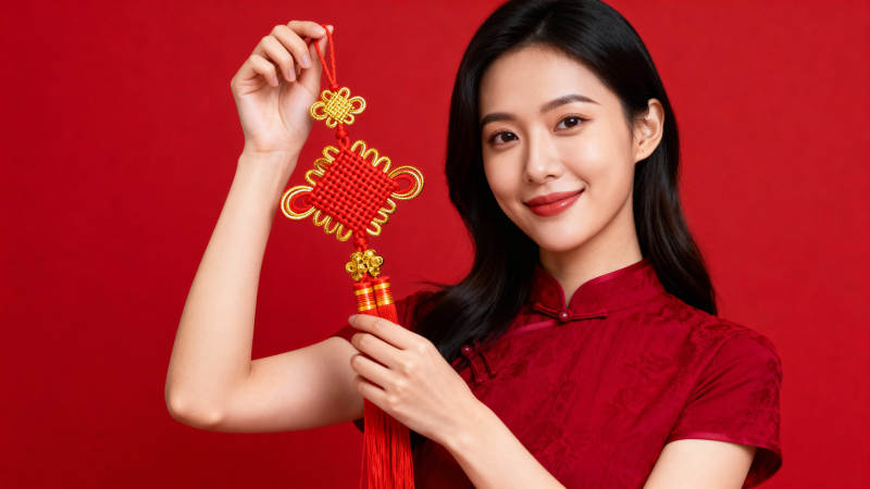 红衣女子持中国结迎新春图片
