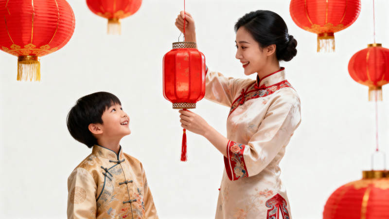 母子挂灯笼迎新春图片