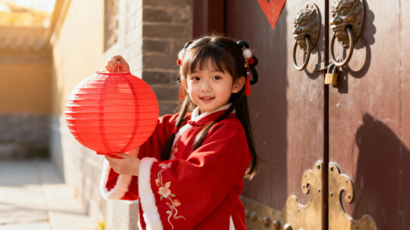 红衣小女孩提灯笼迎新春图片