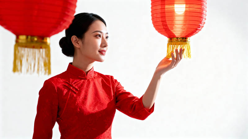 红灯笼下 旗袍女子微笑凝望图片