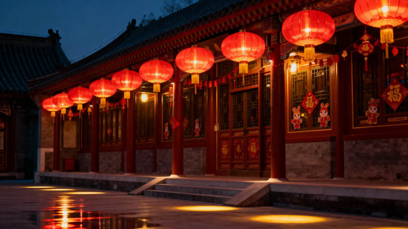 红灯笼映古宅夜景图片