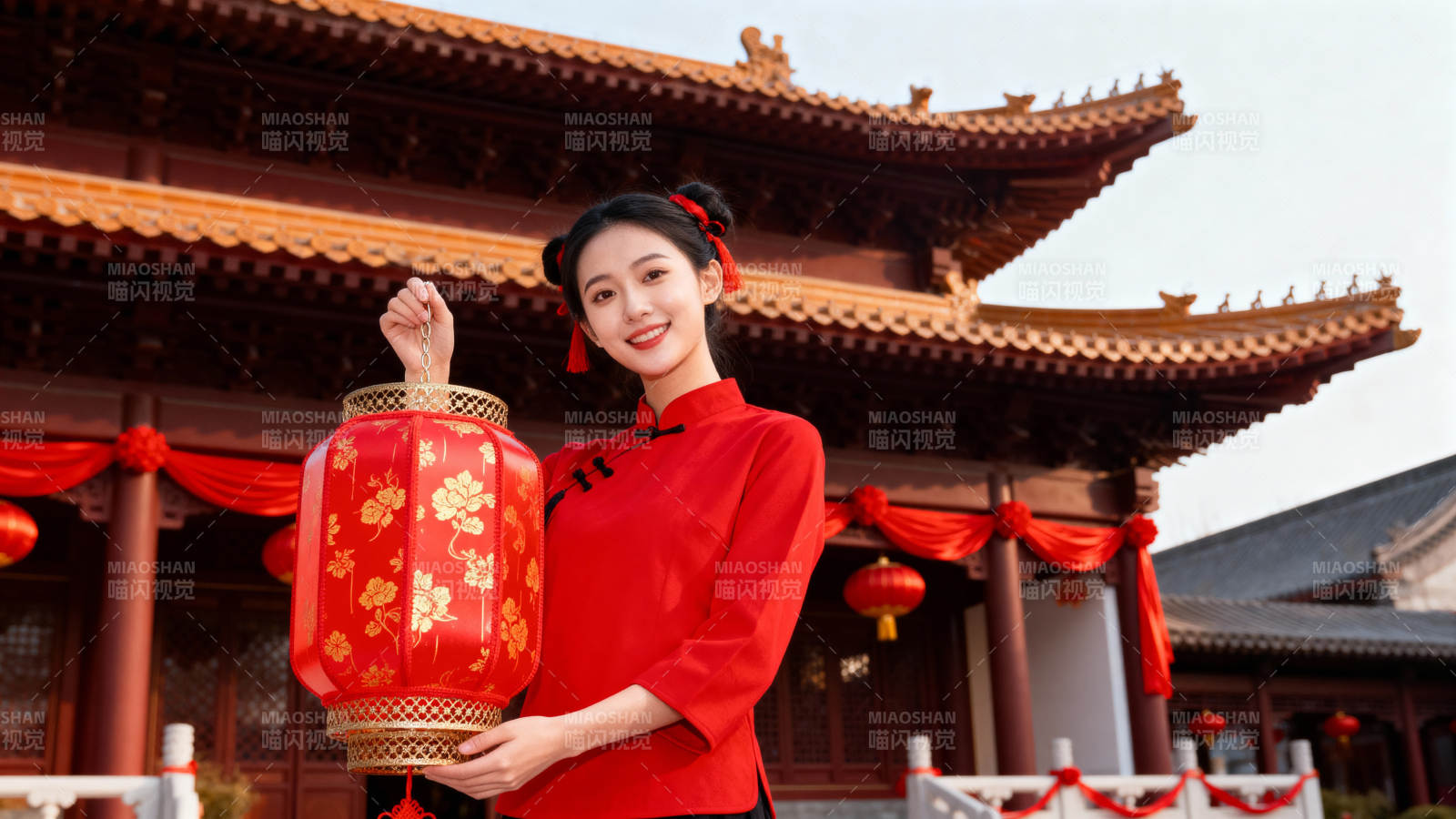 红衣女子持灯笼迎新春图片