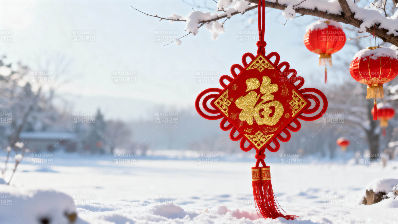 雪景中的红色福字挂饰图片
