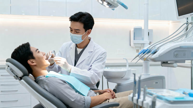 牙医为患者检查牙齿图片