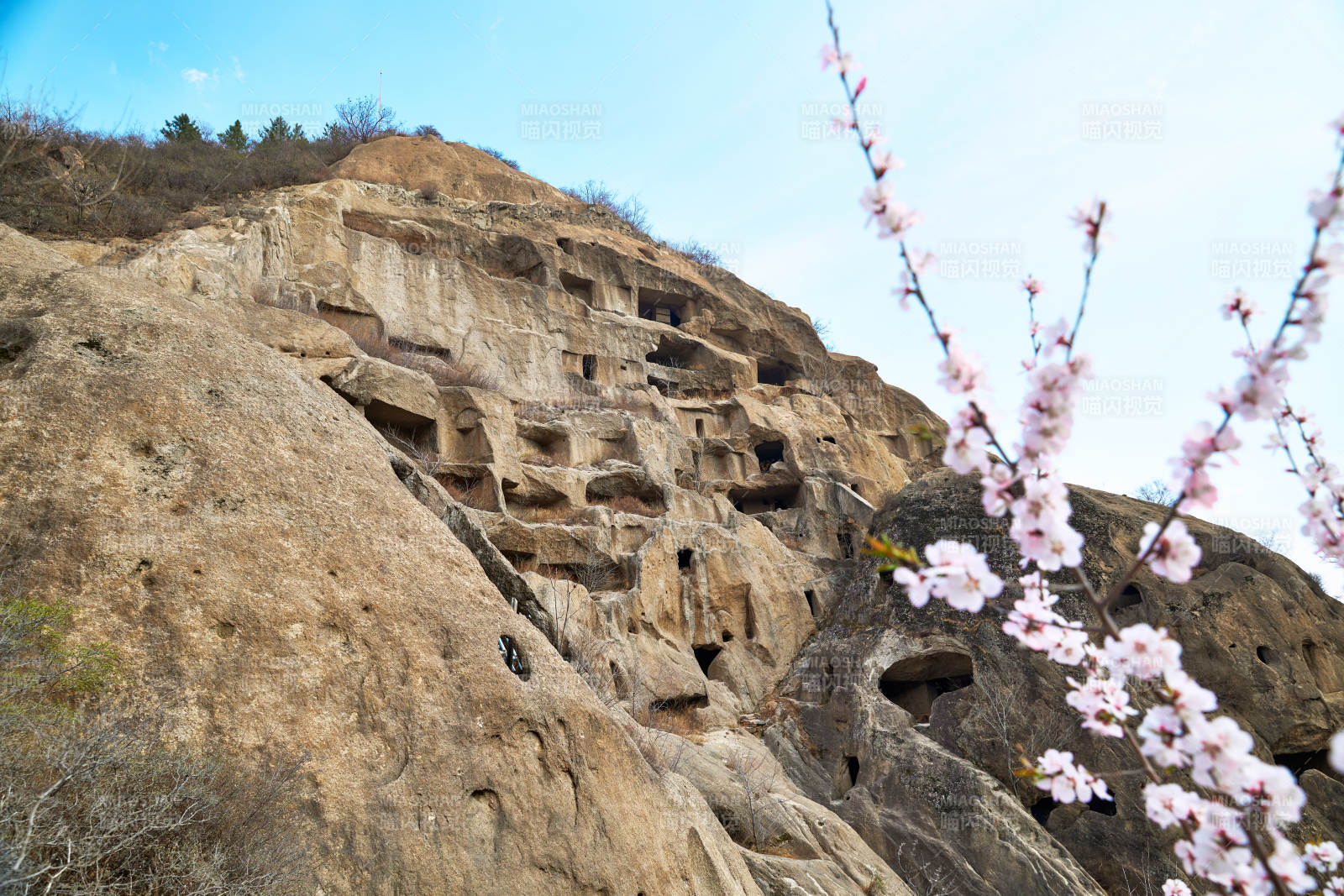 粉色山桃花衬托北京延庆古崖居窟遗址图片