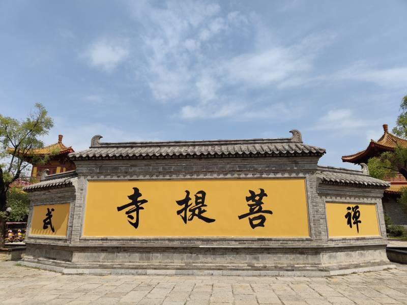 菩提寺黄墙黑字迎蓝天图片