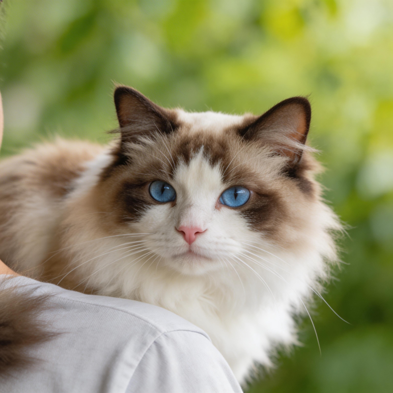 蓝眼布偶猫依偎肩头图片