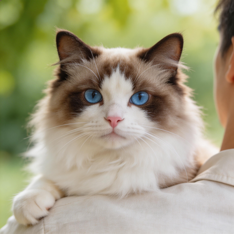 蓝眼布偶猫依偎肩头图片