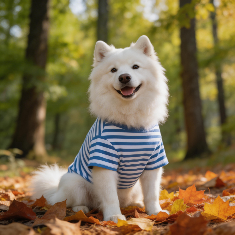 秋日林间 白犬穿条纹衫笑图片