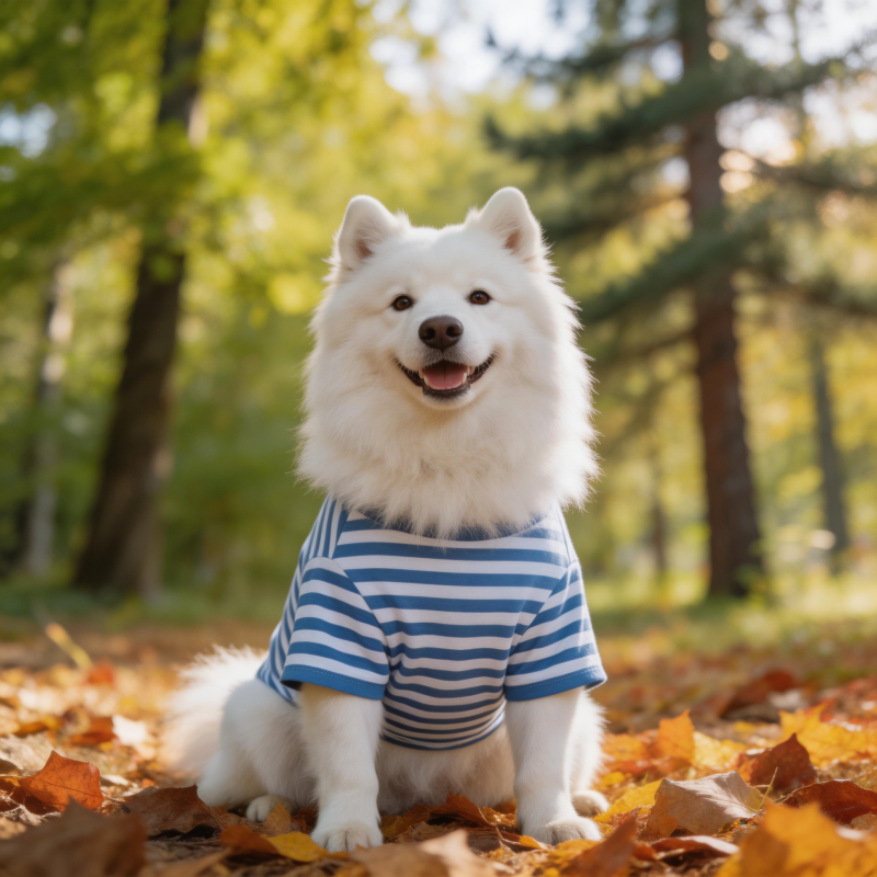 秋日林间 条纹衫萌犬微笑坐图片