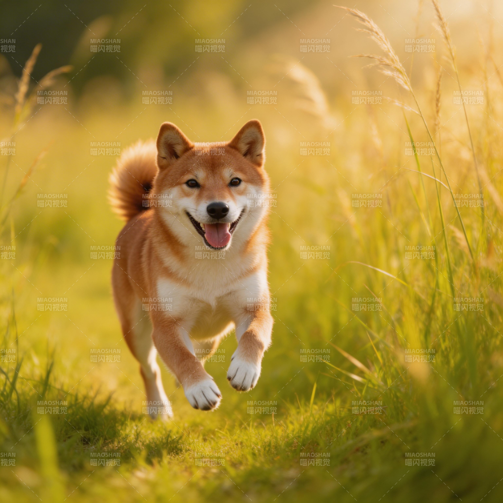 阳光草地上奔跑的柴犬图片