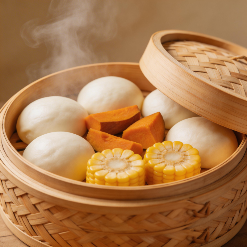 蒸笼里的包子玉米南瓜图片