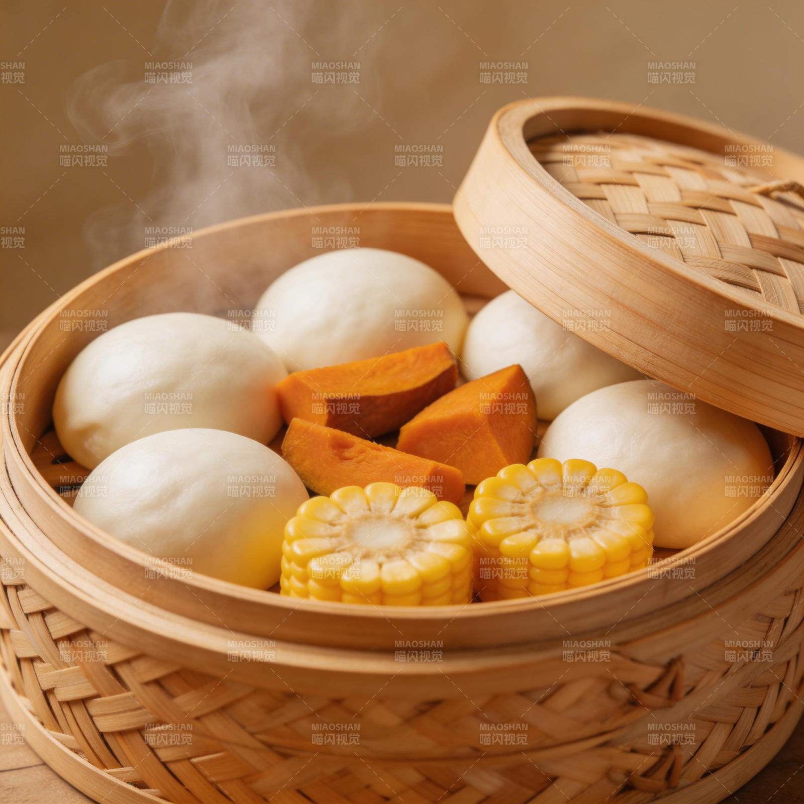 蒸笼里的包子玉米南瓜图片