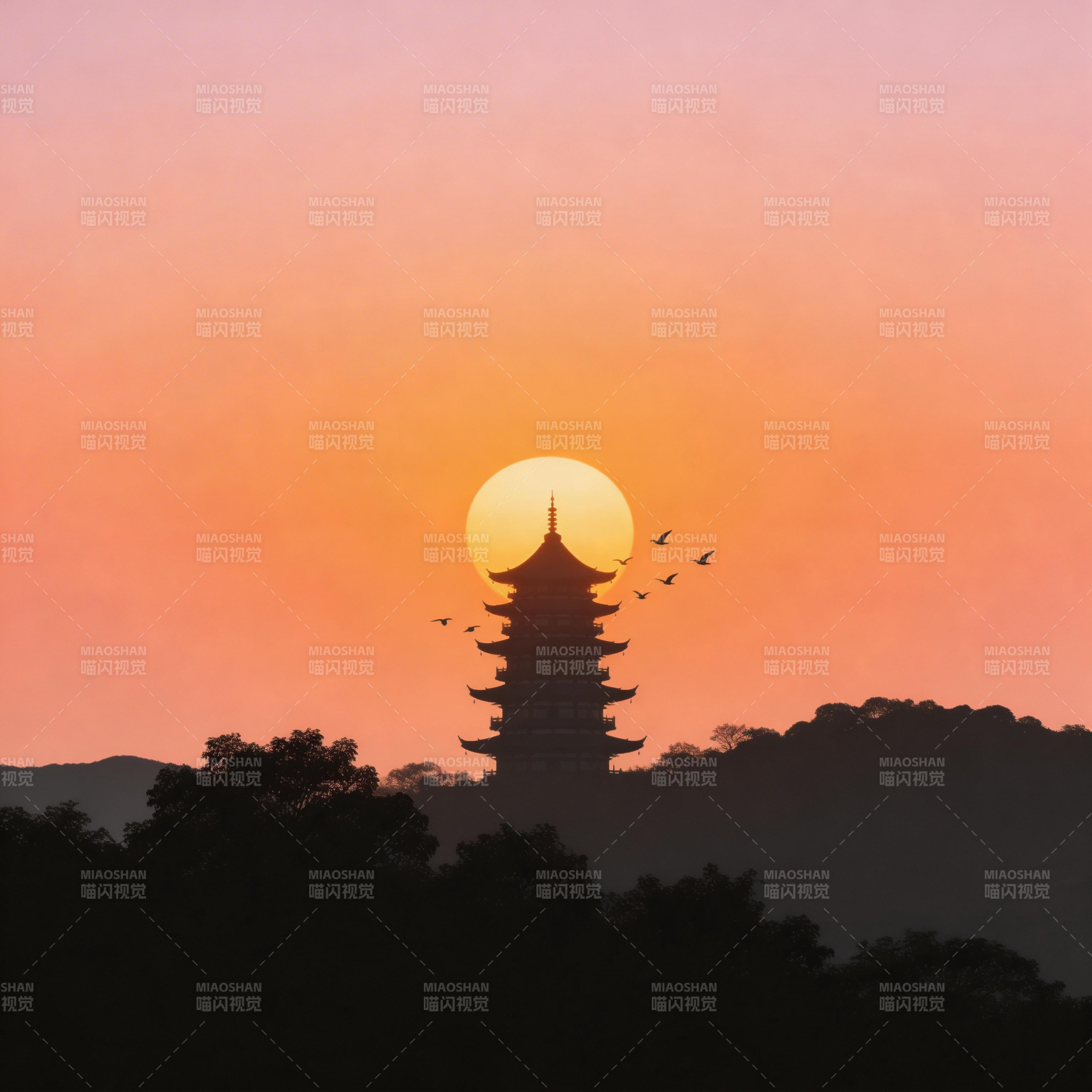 夕阳塔影 飞鸟归巢图片