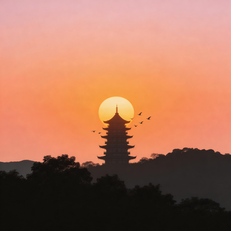 夕阳塔影 飞鸟归巢图片