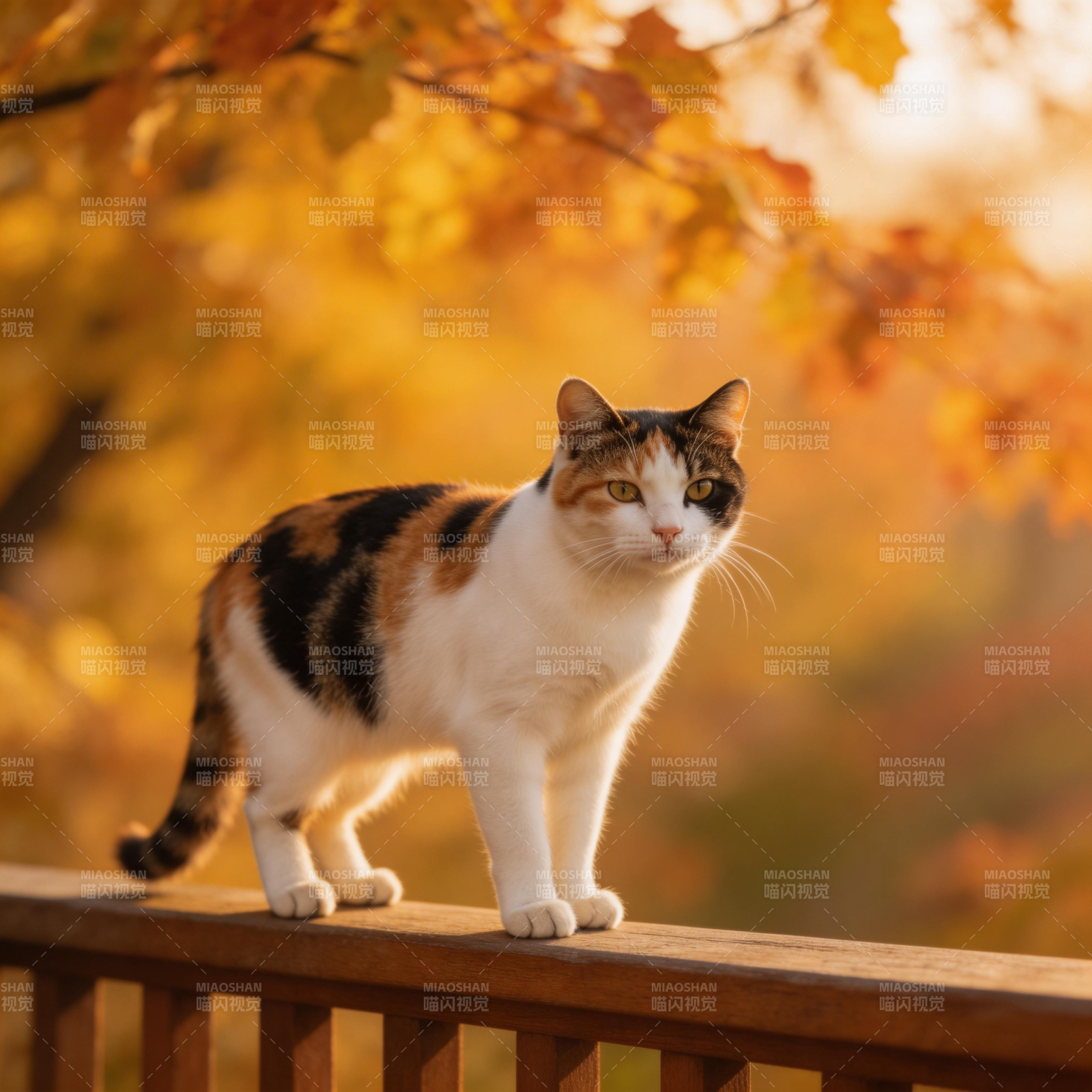 秋日暖阳下的三花猫图片