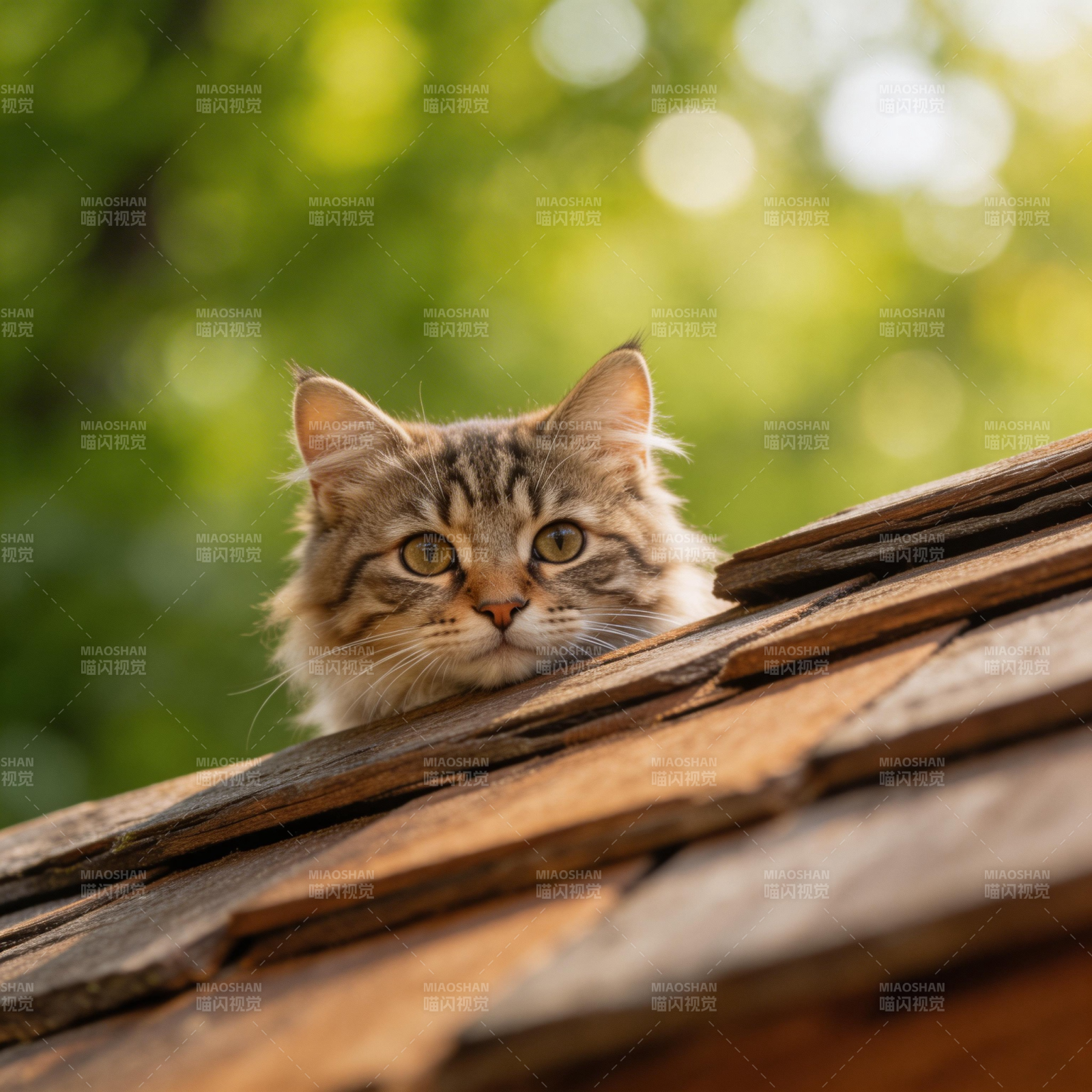 屋顶上的小猫咪探头望图片